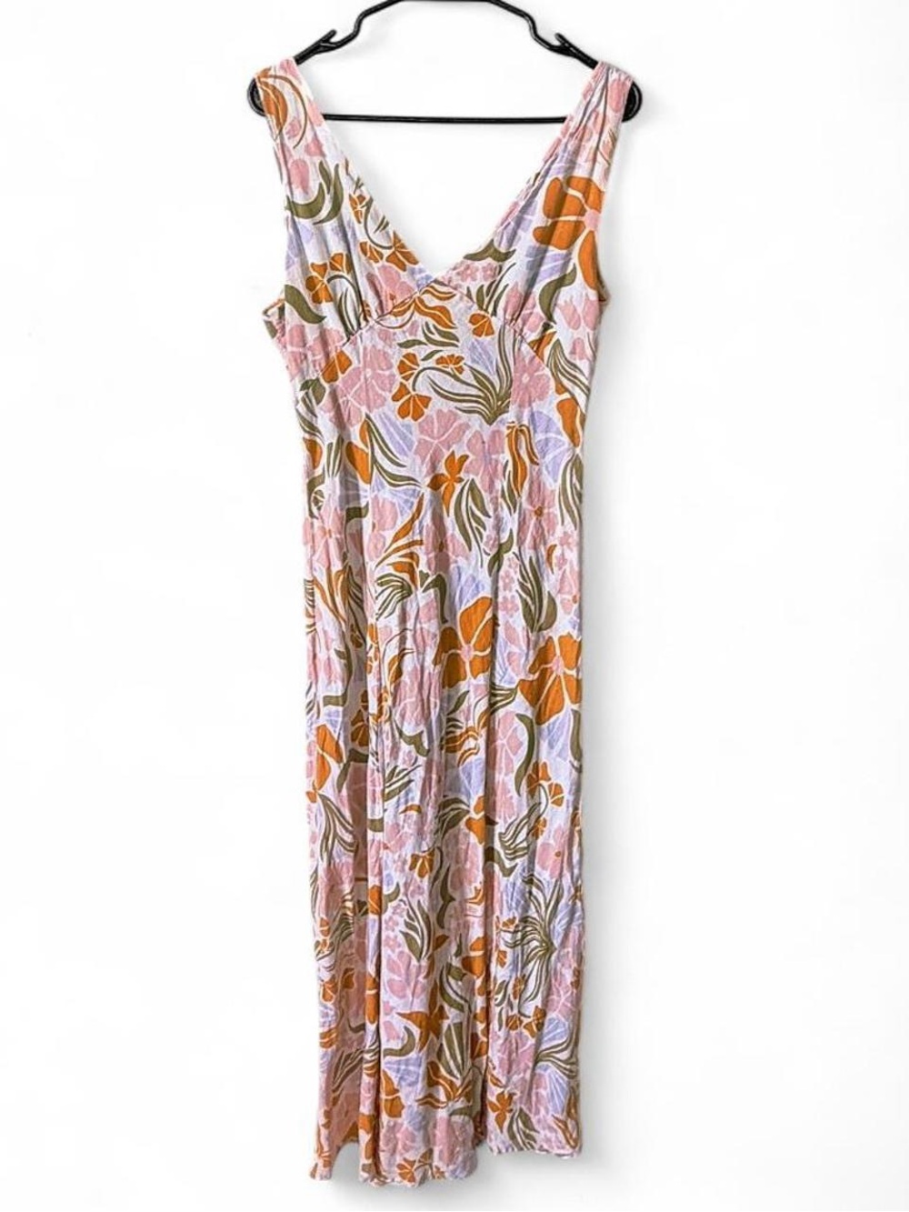 Paper Heart Linen Sleeveless Pink & Orange Floral V-Neck Midi Dress